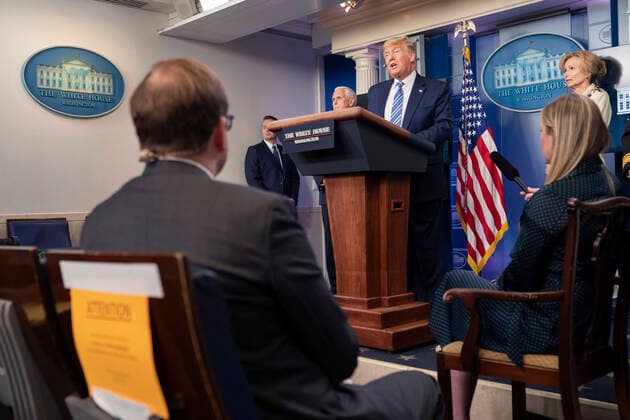 United States President Donald J. Trump makes remarks as he participates in a news briefing by members of the Coronavirus Task Force in the Brady Press Briefing Room at the White House in Washington, DC on Monday, March 23, 2020. Copyright: xChrisxKleponisx