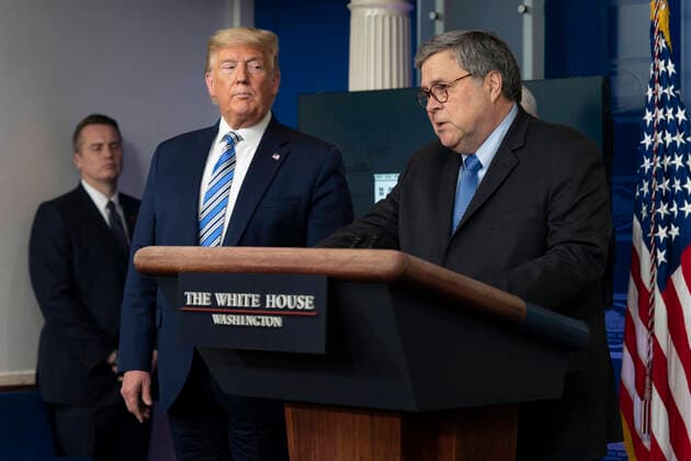 United States President Donald J. Trump, left, listens as United States Attorney General William P. Barr, right, speaks during a news briefing by members of the Coronavirus Task Force at the White House in Washington, DC on Monday, March 23, 2020. Copyright: xChrisxKleponisx