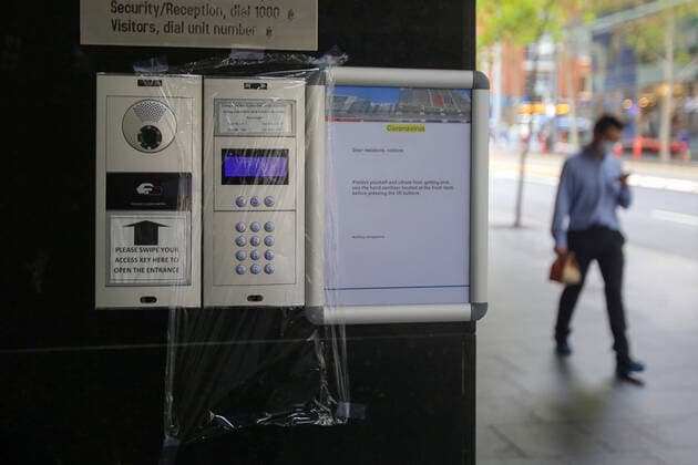 CORONAVIRUS BUSINESS CLOSURE SYDNEY, Cling wrap covers the keypad of a building, after a shutdown of non-essential services was put in place to slow the spread of the coronavirus disease (COVID-19), in Sydney, Tuesday, March 24, 2020. A shutdown of non-essential services is in effect Australia wide in a bid to slow the spread of the coronavirus (COVID-19) disease, with the state of NSW recording 818 positive tested cases. ( NO ARCHIVING, EDITORIAL USE ONLY, NO USE IN BOOKS WITHOUT CONSENT SYDNEY NSW AUSTRALIA  Copyright: xSTEVENxSAPHOREx 20200324001459059064