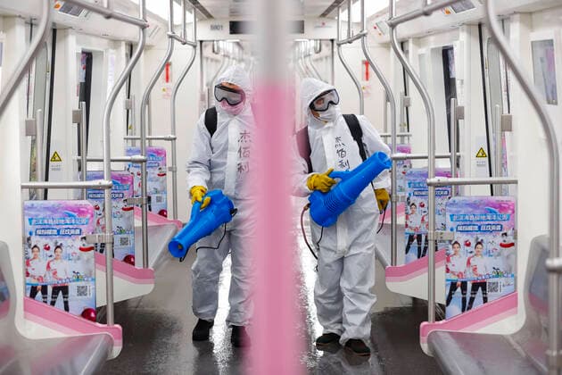 (200324) -- WUHAN, March 24, 2020 -- Staff conduct disinfection on a subway train in Wuhan, central China s Hubei Province, March 23, 2020. The public need to go through real-name registration for taking public transportation or taxis in Wuhan, capital of central China s Hubei Province, authorities said Sunday. ) CHINA-HUBEI-WUHAN-PUBLIC TRANSPORTATION SYSTEM-PREPARATION-OPERATION RESTORATION (CN) ShenxBohan 