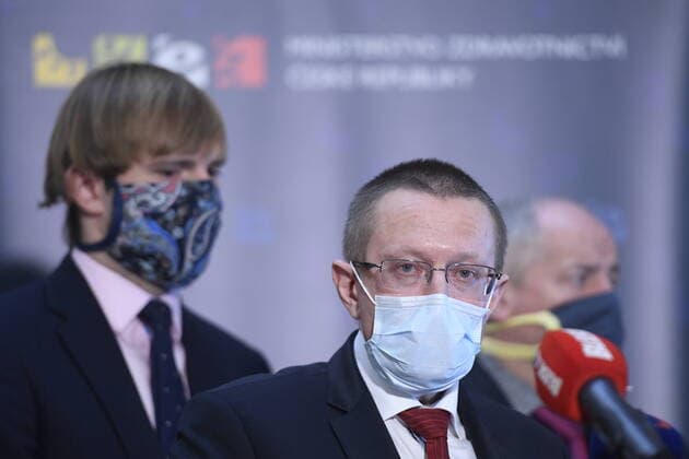L-R Czech Health Minister Adam Vojtech, Czech Institute of Health Information and Statistics (UZIS) director Ladislav Dusek and Deputy Health Minister and Central Crisis Staff head Roman Prymula with a protection face masks attend a press conference on assessment of development of COVID-19 illness, on March 24, 2020, in Prague, Czech Republic. (CTKxPhoto OndrejxDeml) CTKPhotoP202003240233701 _DML8716