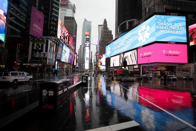 (200324) -- NEW YORK, March 24, 2020 -- Photo taken on March 23, 2020 shows the empty Times Square in New York, the United States. The number of confirmed COVID-19 cases in New York City has reached 13,119 as of Monday night local time, according to data of the Center for Systems Science and Engineering (CSSE) at Johns Hopkins University. A total of 124 deaths have been reported in the city, according to the CSSE. The largest U.S. city with a population of 8.6 million has become a new epicenter of the outbreak, taking about 30 percent of the nation s tally of 43,901. ) U.S.-NEW YORK-COVID-19 WangxYing 