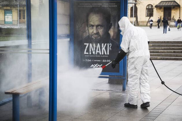 Disifection of the bus stops in Krakow Disifection of the bus stops due to the coronavirus outbreak on Merch 23, 2020 in Krakow, Poland EN_01421476_0012 