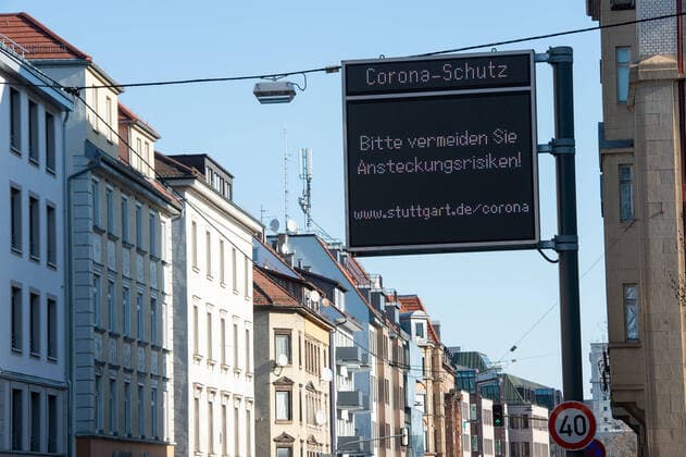 Coronavirus COVID 19 boards of the state capital Stuttgart informing about the handling of the coronavirus The information boards are located along all major entry roads into the state capital Stuttgart Mitte Baden Württemberg Germany Copyright: xLeif-HendrikxPiechowskix