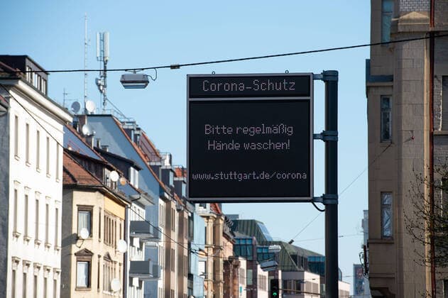 Coronavirus COVID 19 boards of the state capital Stuttgart informing about the handling of the coronavirus The information boards are located along all major entry roads into the state capital Stuttgart Mitte Baden Württemberg Germany Copyright: xLeif-HendrikxPiechowskix