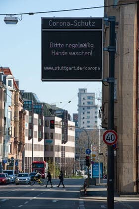 Coronavirus COVID 19 boards of the state capital Stuttgart informing about the handling of the coronavirus The information boards are located along all major entry roads into the state capital Stuttgart Mitte Baden Württemberg Germany Copyright: xLeif-HendrikxPiechowskix