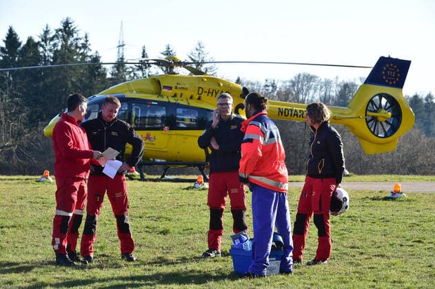 Two ADAC rescue helicopters land at the University Hospital in Homburg on Monday 23 3 2020 with Corona patients from the city of Metz in the Far East A total of 5 patients will be brought to Homburg, three by land, two by air rescue