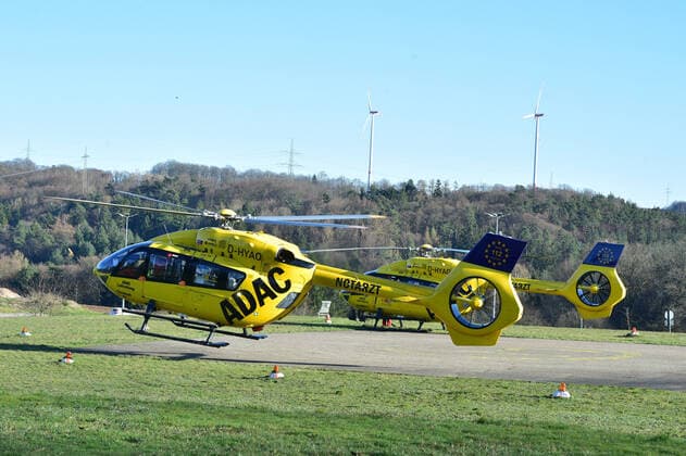Two ADAC rescue helicopters land at the University Hospital in Homburg on Monday 23 3 2020 with Corona patients from the city of Metz in the Far East A total of 5 patients will be brought to Homburg, three by land, two by air rescue
