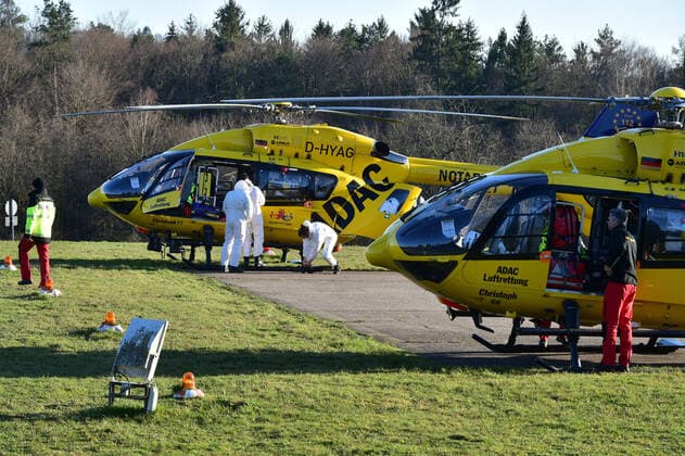 Two ADAC rescue helicopters land at the University Hospital in Homburg on Monday 23 3 2020 with Corona patients from the city of Metz in the Far East A total of 5 patients will be brought to Homburg, three by land, two by air rescue