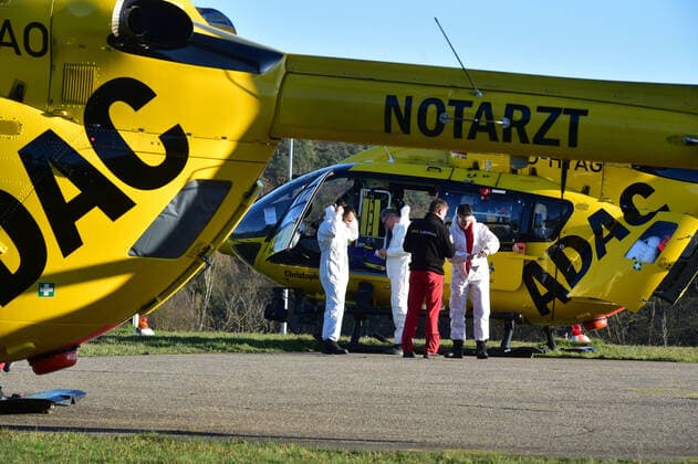 Two ADAC rescue helicopters land at the University Hospital in Homburg on Monday 23 3 2020 with Corona patients from the city of Metz in the Far East A total of 5 patients will be brought to Homburg, three by land, two by air rescue
