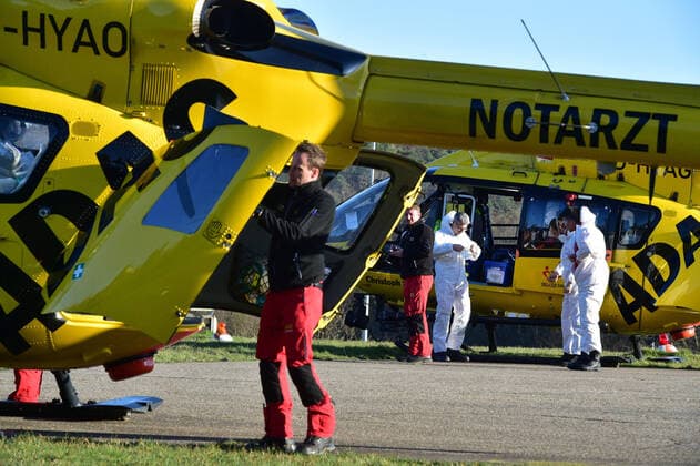 Two ADAC rescue helicopters land at the University Hospital in Homburg on Monday 23 3 2020 with Corona patients from the city of Metz in the Far East A total of 5 patients will be brought to Homburg, three by land, two by air rescue