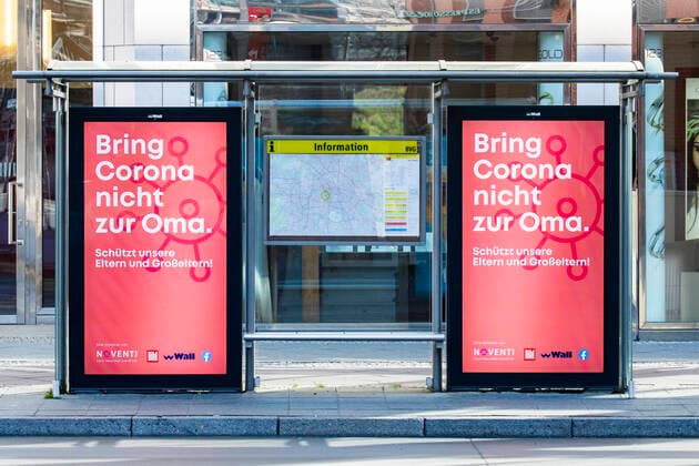 Billboard Do not bring Corona to grandma in Berlin on 24 March 2020 To slow down the spread of the coronavirus COVID 19, the federal and state governments decided to impose further restrictions After museums, theatres, sports events etc. were banned from yesterday, meetings with