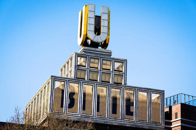 Dortmund, 24 3 2020 Call to keep your distance appears on the flying pictures on the Dortmunder U, Dortmunds landmark, light installation by Dortmund director and artist Adolf Winkelmann