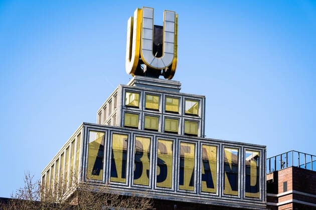 Dortmund, 24 3 2020 Call to keep your distance appears on the flying pictures on the Dortmunder U, Dortmunds landmark, light installation by Dortmund director and artist Adolf Winkelmann
