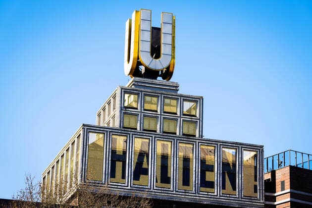 Dortmund, 24 3 2020 Call to keep your distance appears on the flying pictures on the Dortmunder U, Dortmunds landmark, light installation by Dortmund director and artist Adolf Winkelmann