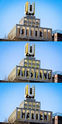 Dortmund, 24 3 2020 Call to keep your distance appears on the flying pictures on the Dortmunder U, Dortmunds landmark, light installation by Dortmund director and artist Adolf Winkelmann