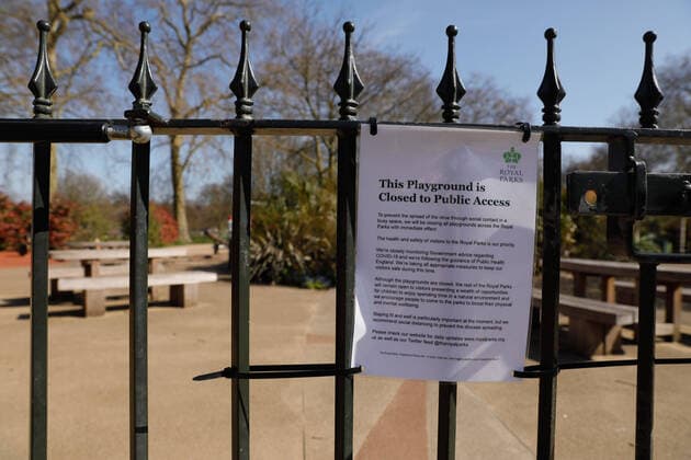 (200324) -- LONDON, March 24, 2020 -- A closed children s playground is seen in Hyde Park after the British government placed further restrictions on movement in London, Britain on March 24, 2020. British Prime Minister Boris Johnson announced Monday evening a series of measures that aim to restrict social contact in the UK, so as to curb the spread of COVID-19. Starting from Monday night, people in Britain will only be allowed to leave their homes for very limited purposes , including shopping for basic necessities, for any medical need, for one form of exercise a day, and to travel to and from work when necessary, said the prime minister. (Photo by Tim Ireland Xinhua) BRITAIN-LONDON-COVID-19 HanxYan 