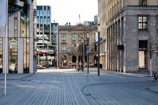 Measures due to coronavirus pandemic, empty city centre of Düsseldorf, view from Königsallee to Kö Bogen and University House