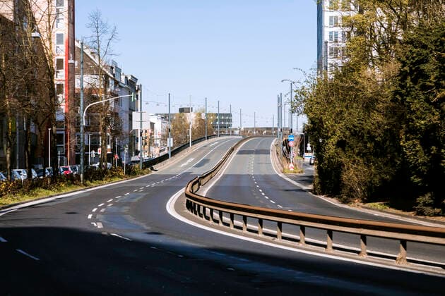 Measures due to coronavirus pandemic, empty city centre of Düsseldorf, driveway to the Rheinkniebrücke