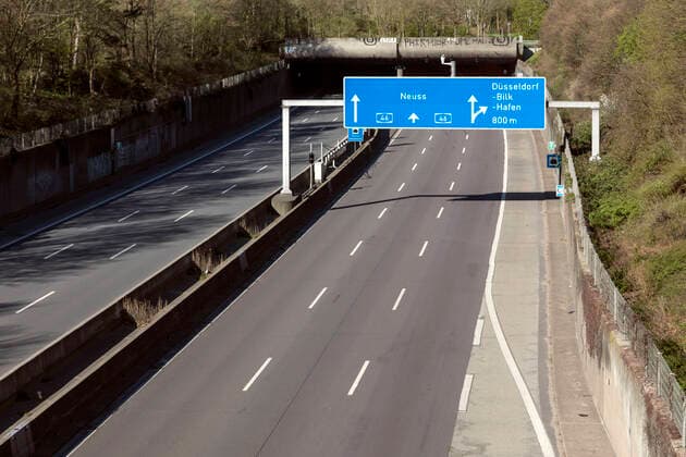 Situation due to coronavirus pandemic, empty A46 motorway in Düsseldorf