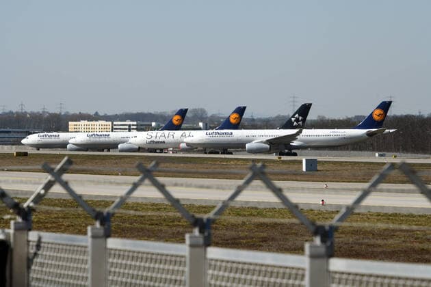 Germany, Frankfurt, 24 03 2020 Frankfurt Airport Photo of Lufthansa aircraft parked on the West Runway at Frankfurt Airport