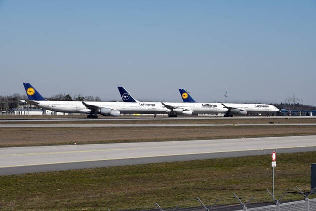 Germany, Frankfurt, 24 03 2020 Frankfurt Airport Photo of Lufthansa aircraft parked on the West Runway at Frankfurt Airport