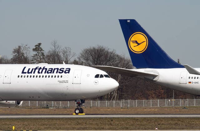 Germany, Frankfurt, 24 03 2020 Frankfurt Airport Photo of Lufthansa aircraft parked on the West Runway at Frankfurt Airport