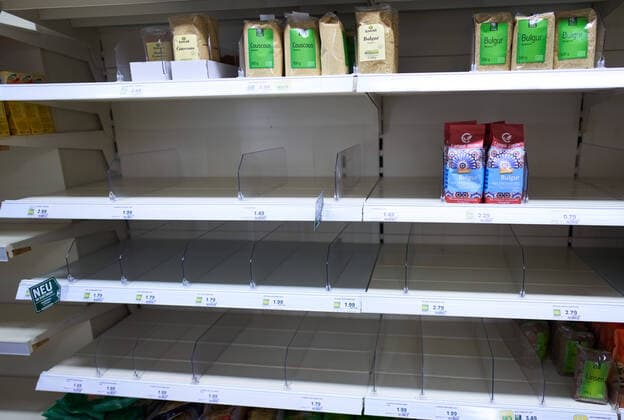 Supermarket in Marktoberdorf, March 24, 2020. Empty shelves of rice and other food due to the Corona virus disease (COVID-19) on March 24, 2020 in Marktoberdorf, Germany
