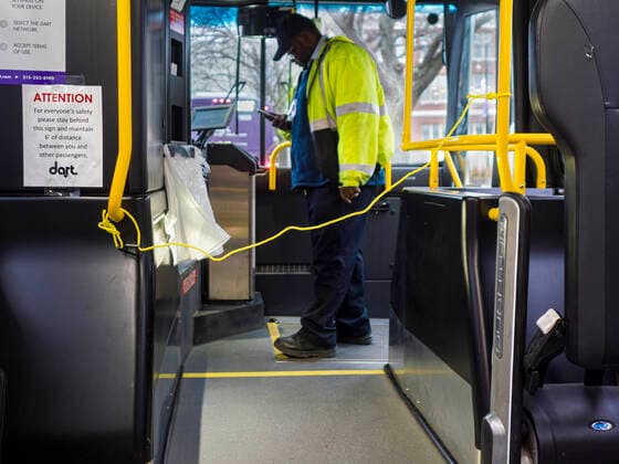March 24, 2020, Des Moines, Iowa, U.S: A bus driver gets on a Des Moines Area Regional Transit (DART) bus Tuesday. There were no passengers on the bus because many Des Moines residents are heeding a suggestion by the Mayor to shelter in place. On Tuesday morning, 24 March, Iowa reported over 120 confirmed cases of the Coronavirus (SARS-CoV-2) and COVID-19. Restaurants, bars, movie theaters, places that draw crowds are closed for at least 30 days. The Governor has not ordered shelter in place but several Mayors, including the Mayor of Des Moines, have asked residents to stay in their homes for all but the essential needs. People are being encouraged to practice social distancing and many businesses are requiring or encouraging employees to telecommute. Des Moines U.S. - ZUMAk94_ 20200324_zaf_k94_015 Copyright: xJackxKurtzx