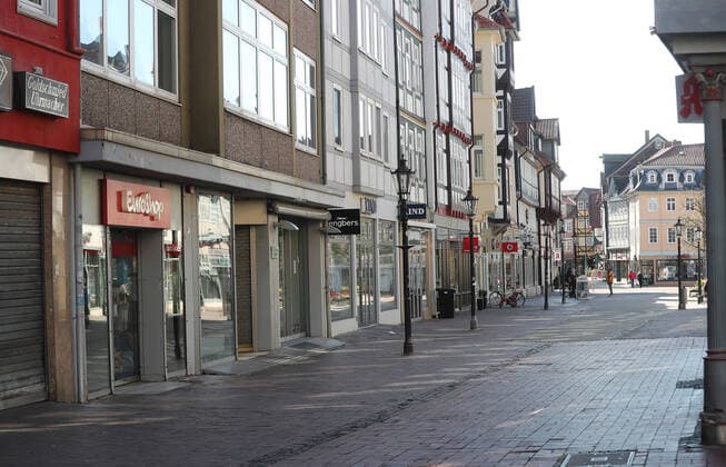 Almost deserted city centre of Wolfenbuettel, view into the Lange Herzog Strasse, Wolfenbuettel pedestrian zone