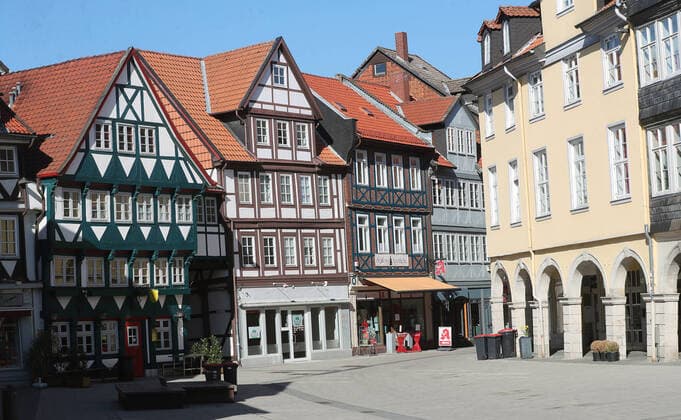 View into the deserted pedestrian zone, all shops are closed, pharmacy is open Wolfenbuettel