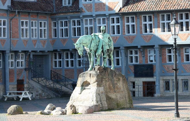 City market Wolfenbuettel, view of the monument of Duke August Wolfenbuettel