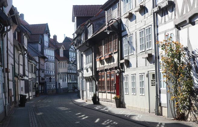 View into the deserted Krumme Strasse in Wolfenbuettels city centre Wolfenbuettel