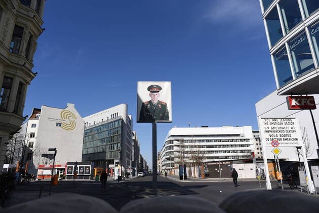 No tourists, no open restaurants at Checkpoint Charlie in Berlin Empty of people Chechpoint Charlie