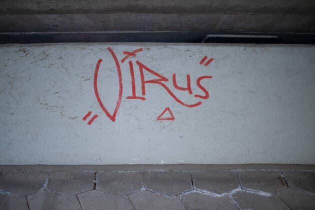 Herford, Germany 24 03 2020 Feature Coronavirus Consequences Effects of Coronavirus Covid 19 in picture The inscription Virus as graffiti under a bridge, Germany