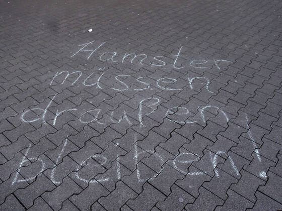 24 03 2020 Dortmund, NRW The corona crisis is intensifying The federal and state governments are issuing comprehensive guidelines In all areas of life, Dortmunds citizens are also experiencing severe restrictions With chalk, someone has hamsters vmust stay outside on the cobblestones in front of an Aldi written