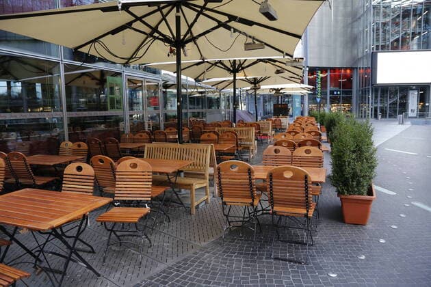 Empty chairs in the Sony Center in Berlin during the Corona Pandemic on 24 03 2020