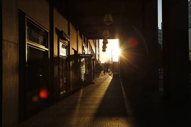 View against the sun during a passage at Potsdamer Platz in Berlin during the Corona Pandemic on 24 03 2020