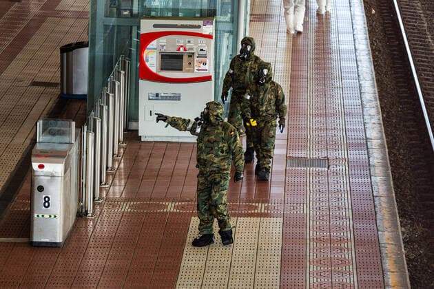 March 24, 2020, San Sebastian, Basque Country, Spain: Soldiers doing disinfection work during the corona virus pandemic..62 soldiers from the Spanish Army disinfected the San Sebastian train station in the Basque County, as a preventive measure against the spread of the coronavirus San Sebastian Spain - ZUMAs197 20200324_zaa_s197_149 Copyright: xJavixJuliox