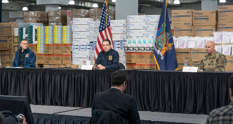NY Governor Andrew Cuomo holds daily briefing Governor Andrew Cuomo speaks to media during daily briefing on COVID-19 pandemic at Jacob Javits Convention Center New York New York United States Copyright: LevxRadin