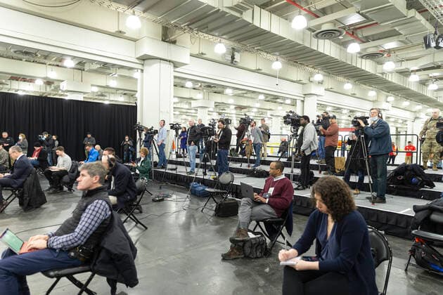 NY Governor Andrew Cuomo holds daily briefing Journalists covering Governor Andrew Cuomo daily briefing on COVID-19 pandemic keep social distances at Jacob Javits Convention Center New York New York United States Copyright: LevxRadin