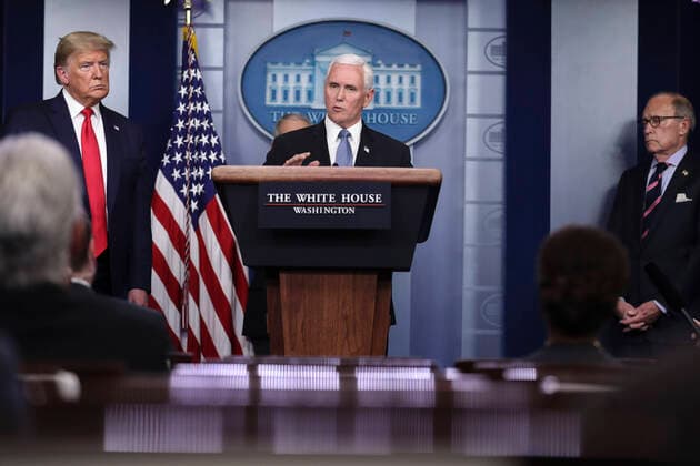 United States Vice President Mike Pence, right, speaks as US President Donald J. Trump, left, listens during a press conference with members of the coronavirus task force in the Brady Press Briefing Room of the White House on March 24, 2020 in Washington, DC. Standing at far right is Director of the National Economic Council Larry Kudlow. Copyright: xOliverxContrerasx