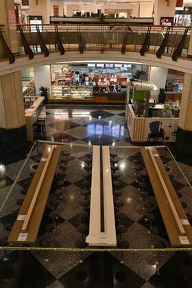 AUSTRALIA CORONAVIRUS COVID-19, The cordoned off and deserted food court at Westfield Sydney Shopping Centre in Pitt Street, Sydney, Wednesday, March 25, 2020. The Federal Government has ordered all food courts to close for dinning in purposes but businesses can still sell take away in an effort to contain the COVID-19 Coronavirus Pandemic. ( NO ARCHIVING, EDITORIAL USE ONLY, NO USE IN BOOKS WITHOUT CONSENT SYDNEY NSW AUSTRALIA  Copyright: xDEANxLEWINSx 20200325001459434284