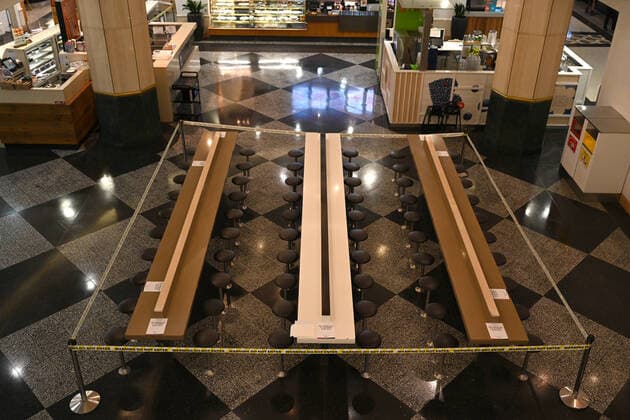 AUSTRALIA CORONAVIRUS COVID-19, The cordoned off and deserted food court at Westfield Sydney Shopping Centre in Pitt Street, Sydney, Wednesday, March 25, 2020. The Federal Government has ordered all food courts to close for dinning in purposes but businesses can still sell take away in an effort to contain the COVID-19 Coronavirus Pandemic. ( NO ARCHIVING, EDITORIAL USE ONLY, NO USE IN BOOKS WITHOUT CONSENT SYDNEY NSW AUSTRALIA  Copyright: xDEANxLEWINSx 20200325001459434356