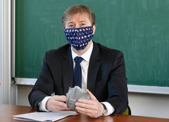 Zdenek Peroutka, dean of the University of West Bohemia (ZUC), shows a top class respirator made with 3D print technology during a press conference, on March 24, 2020, in Pilsen, Czech Republic. The respirator was developed by experts from the Czech Technical University (CVUT) in Prague in cooperation with experts from Faculty of Electrical Engineering of the ZUC. (CTKxPhoto MiroslavxChaloupka) CTKPhotoP202003240549601 cha0002