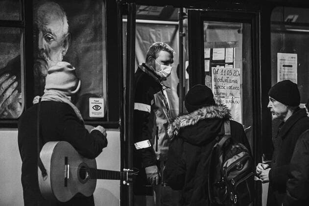 Special SOS Bus in Sopot helps homeless during the coronavirus outbreak Special SOS Bus with a paramedic and some voluntters on the board deliver hot meals and warm clothing to homeless during the coronavirus outbreak on March 24, 2020 in Sopot, Poland. EN_01421673_0021 