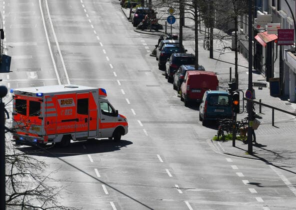 (200325) -- FRANKFURT, March 25, 2020 -- Photo taken on March 24, 2020 shows an ambulance on a street in Frankfurt, Germany. Germany s confirmed cases of COVID-19, the disease caused by the novel coronavirus increased by 4,764 within one day to 27,436 on Tuesday, the Robert Koch Institute (RKI) announced Tuesday. So far, Germany has recorded 114 deaths as of Tuesday, according to RKI, the federal government agency and research institute responsible for disease control and prevention. ) GERMANY-FRANKFURT-COVID-19 LuxYang