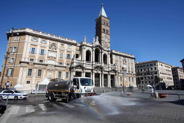 Rome, Operators of Ama and the garden service of the Municipality of Rome, carry out washing and disinfestation operations in the streets of the capital, due to Covid 19 Pictured: Disinfestation in Santa Maria Maggiore  Copyright: xPieroxTenaglix xIPAx xPieroxTenaglix
