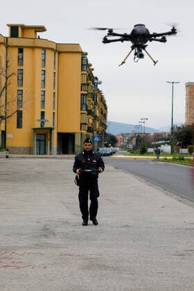 March 25, 2020, Naples, CAMPANIA, ITALY: 03 25 2020 Naples, Scampia district, the carabinieri and the helicopters department of Pontecagnano have presented the new drones that will serve for the control of the gatherings by citizens during the quarantine for the emergency from covid-19 virus Naples ITALY - ZUMAs236 20200325_zap_s236_047 Copyright: xFabioxSassox