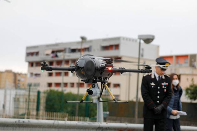March 25, 2020, Naples, CAMPANIA, ITALY: 03 25 2020 Naples, Scampia district, the carabinieri and the helicopters department of Pontecagnano have presented the new drones that will serve for the control of the gatherings by citizens during the quarantine for the emergency from covid-19 virus Naples ITALY - ZUMAs236 20200325_zap_s236_066 Copyright: xFabioxSassox